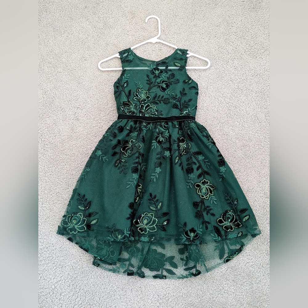 Rare Editions Girls' Dark Green Tulle Sequin Hi-Low Dress - Size 8 (Used)